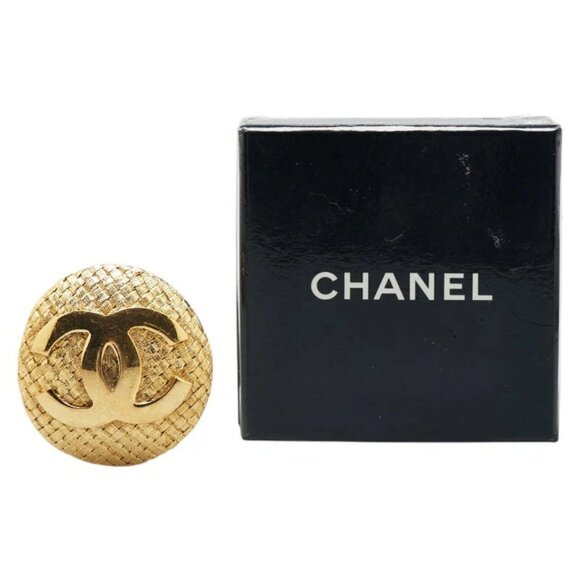 CHANEL CC Logo Mesh Round Brooch Gold Tone Pin 29 Auth w/Box #05391 - Picture 1 of 12
